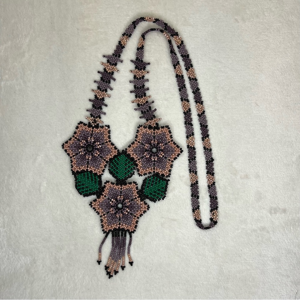 Huichol Beaded Purple Heart Flower Necklace